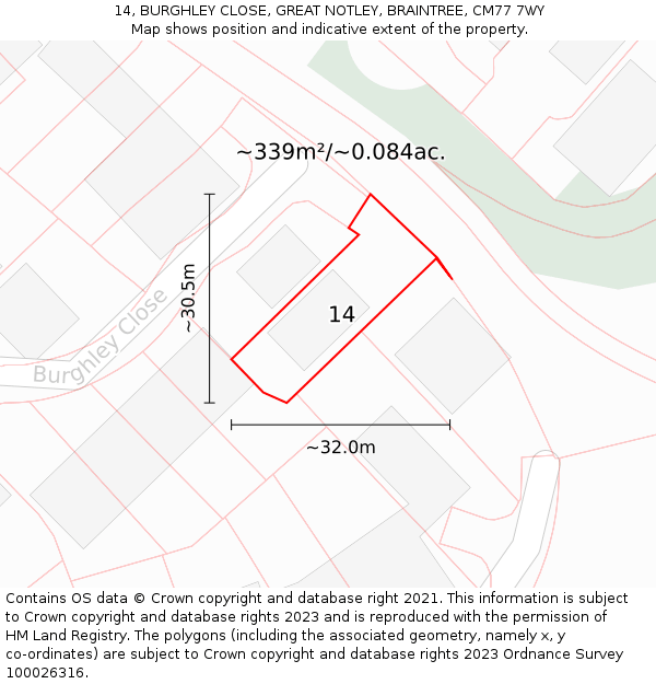 14, BURGHLEY CLOSE, GREAT NOTLEY, BRAINTREE, CM77 7WY: Plot and title map