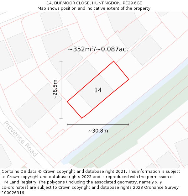 14, BURMOOR CLOSE, HUNTINGDON, PE29 6GE: Plot and title map