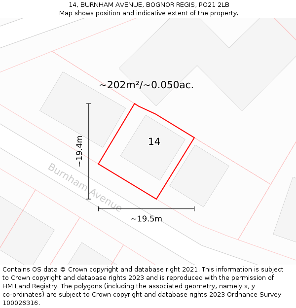 14, BURNHAM AVENUE, BOGNOR REGIS, PO21 2LB: Plot and title map