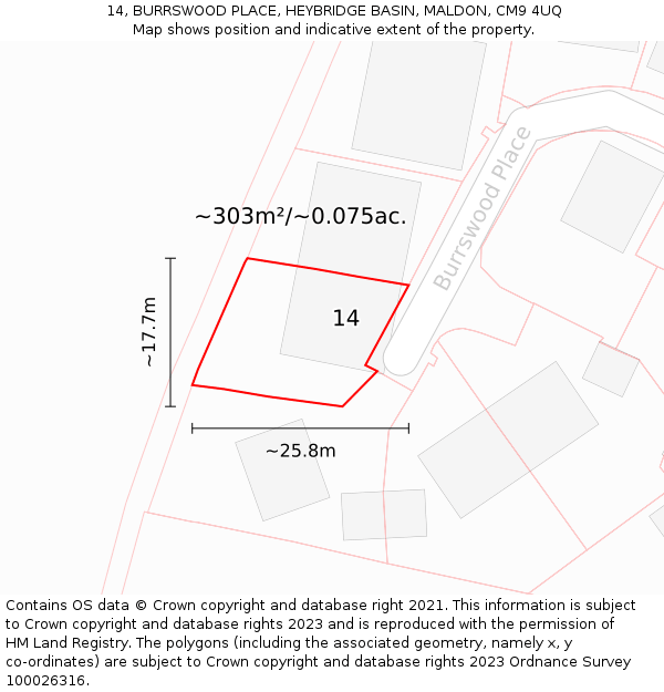 14, BURRSWOOD PLACE, HEYBRIDGE BASIN, MALDON, CM9 4UQ: Plot and title map
