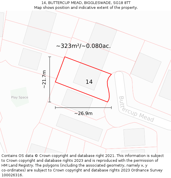 14, BUTTERCUP MEAD, BIGGLESWADE, SG18 8TT: Plot and title map