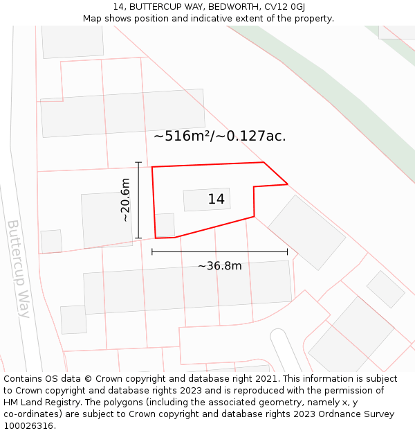 14, BUTTERCUP WAY, BEDWORTH, CV12 0GJ: Plot and title map