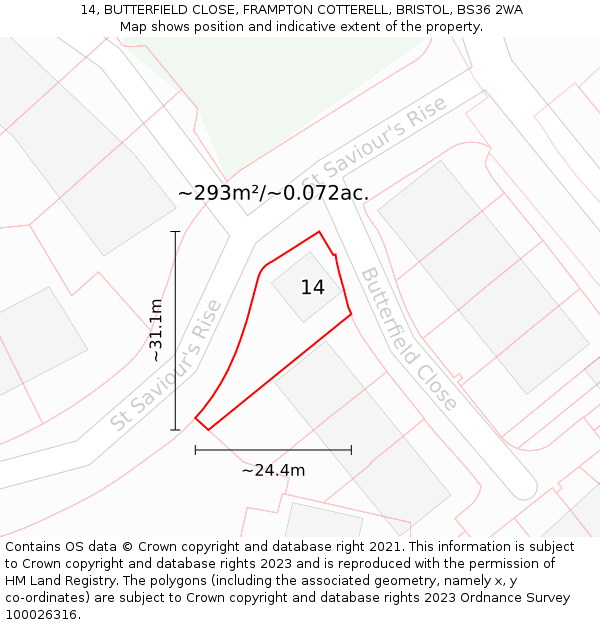 14, BUTTERFIELD CLOSE, FRAMPTON COTTERELL, BRISTOL, BS36 2WA: Plot and title map