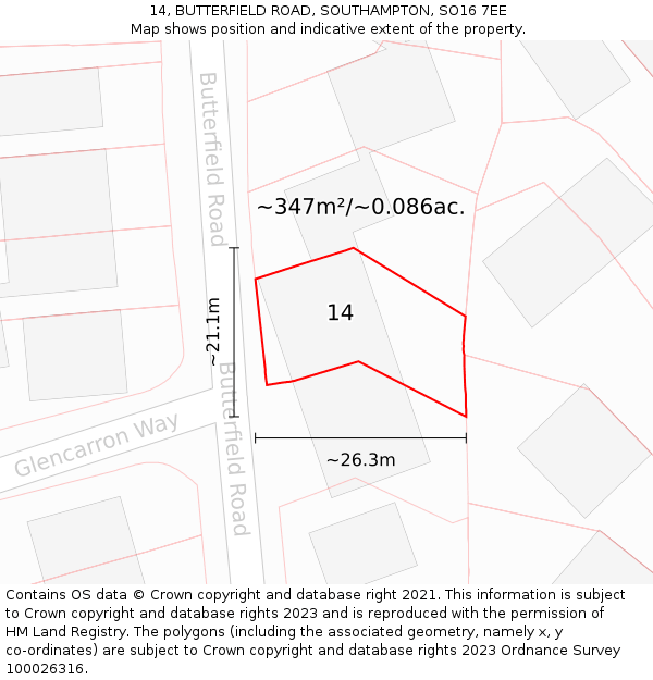 14, BUTTERFIELD ROAD, SOUTHAMPTON, SO16 7EE: Plot and title map