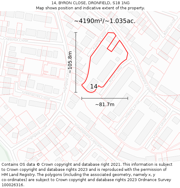 14, BYRON CLOSE, DRONFIELD, S18 1NG: Plot and title map