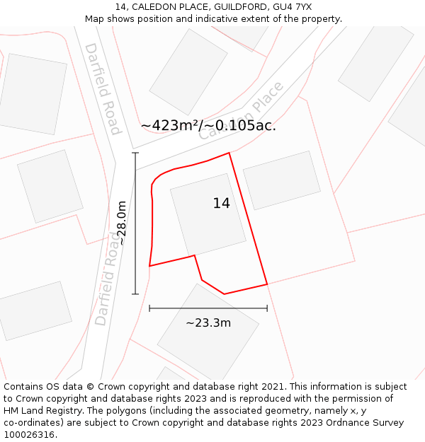 14, CALEDON PLACE, GUILDFORD, GU4 7YX: Plot and title map