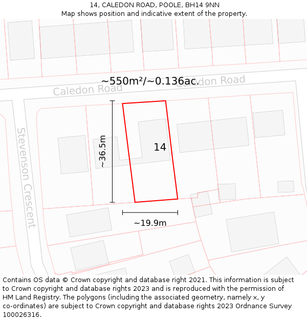 14, CALEDON ROAD, POOLE, BH14 9NN: Plot and title map