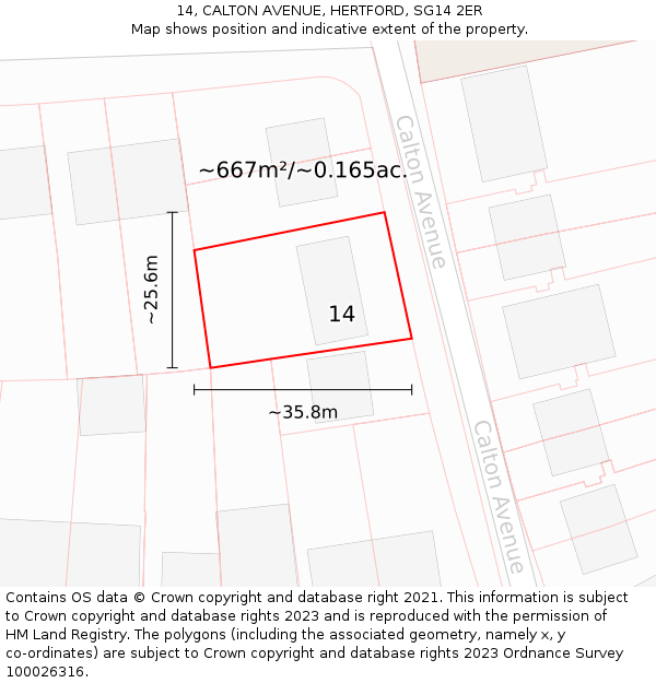 14, CALTON AVENUE, HERTFORD, SG14 2ER: Plot and title map