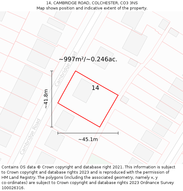 14, CAMBRIDGE ROAD, COLCHESTER, CO3 3NS: Plot and title map