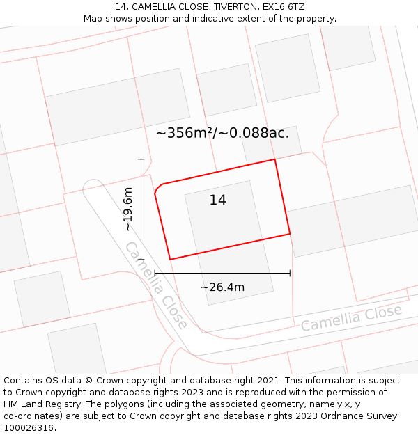 14, CAMELLIA CLOSE, TIVERTON, EX16 6TZ: Plot and title map