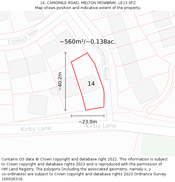 14, CAMOMILE ROAD, MELTON MOWBRAY, LE13 0FZ: Plot and title map