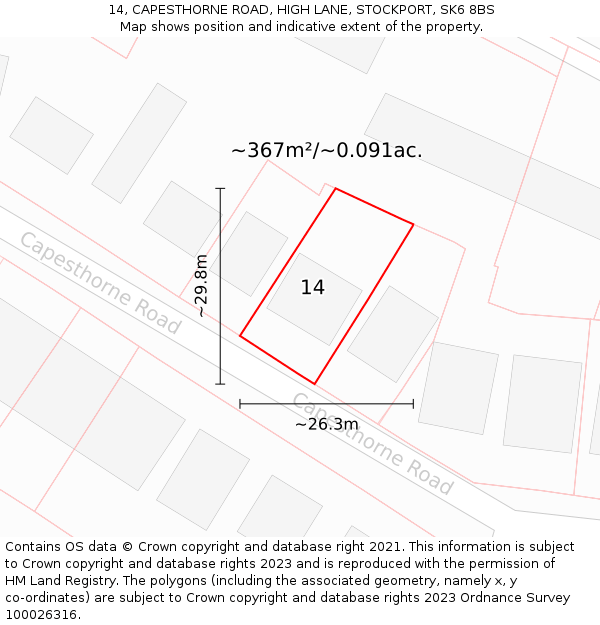 14, CAPESTHORNE ROAD, HIGH LANE, STOCKPORT, SK6 8BS: Plot and title map