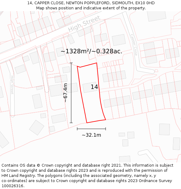 14, CAPPER CLOSE, NEWTON POPPLEFORD, SIDMOUTH, EX10 0HD: Plot and title map