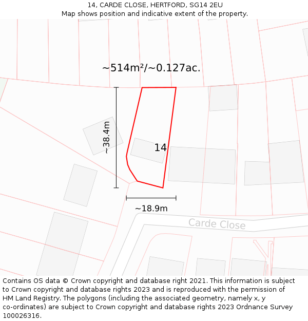 14, CARDE CLOSE, HERTFORD, SG14 2EU: Plot and title map