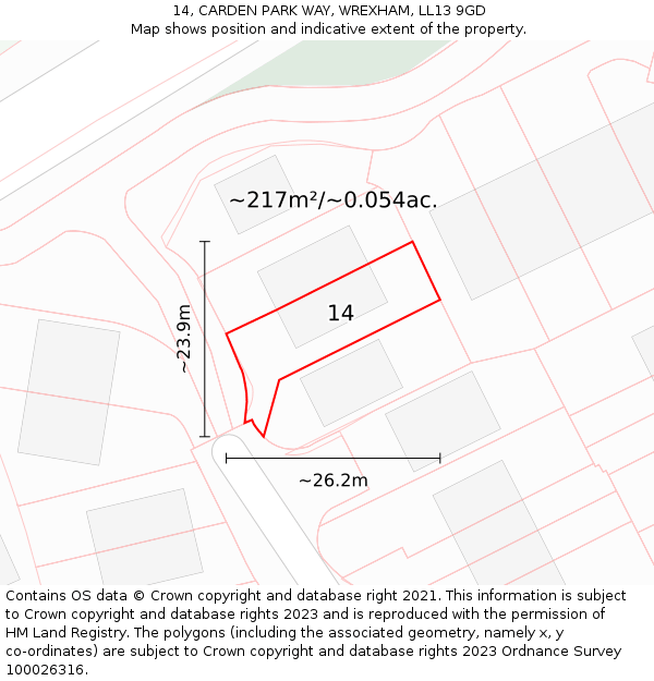 14, CARDEN PARK WAY, WREXHAM, LL13 9GD: Plot and title map