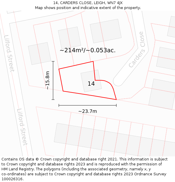 14, CARDERS CLOSE, LEIGH, WN7 4JX: Plot and title map