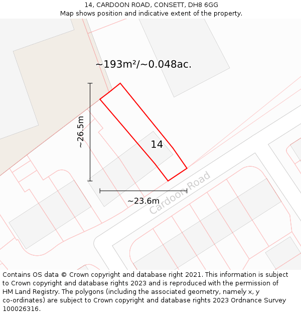 14, CARDOON ROAD, CONSETT, DH8 6GG: Plot and title map