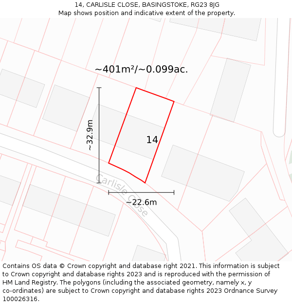 14, CARLISLE CLOSE, BASINGSTOKE, RG23 8JG: Plot and title map