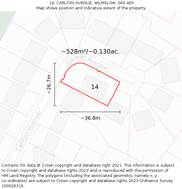 14, CARLTON AVENUE, WILMSLOW, SK9 4EP: Plot and title map