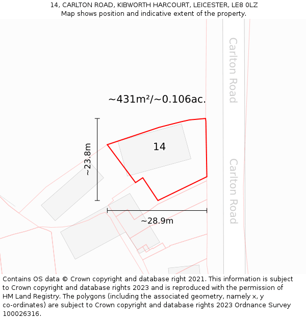 14, CARLTON ROAD, KIBWORTH HARCOURT, LEICESTER, LE8 0LZ: Plot and title map