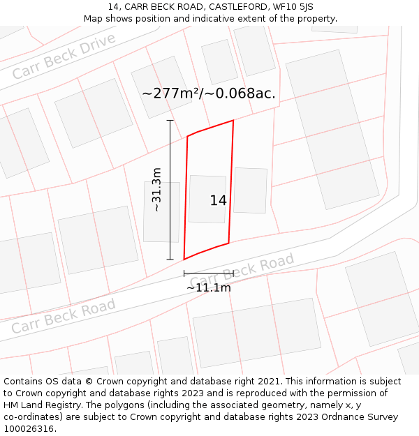 14, CARR BECK ROAD, CASTLEFORD, WF10 5JS: Plot and title map