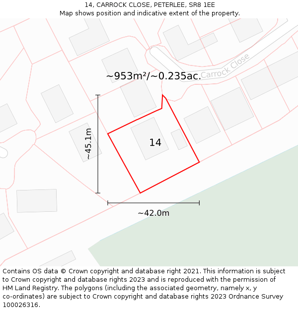 14, CARROCK CLOSE, PETERLEE, SR8 1EE: Plot and title map