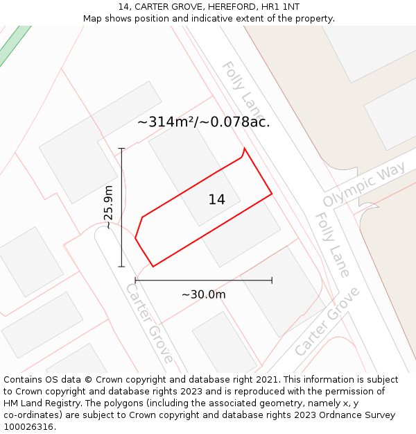 14, CARTER GROVE, HEREFORD, HR1 1NT: Plot and title map