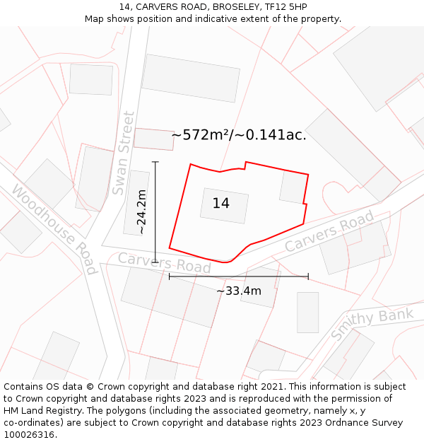 14, CARVERS ROAD, BROSELEY, TF12 5HP: Plot and title map