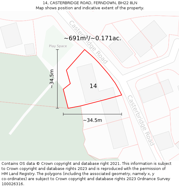 14, CASTERBRIDGE ROAD, FERNDOWN, BH22 8LN: Plot and title map