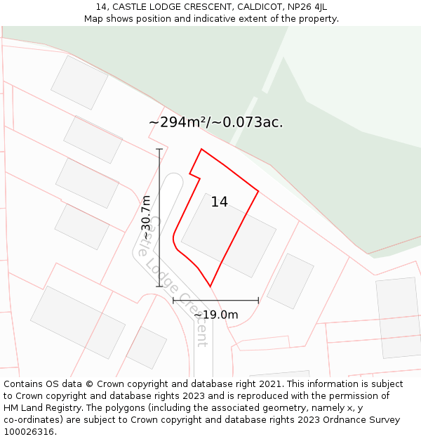 14, CASTLE LODGE CRESCENT, CALDICOT, NP26 4JL: Plot and title map