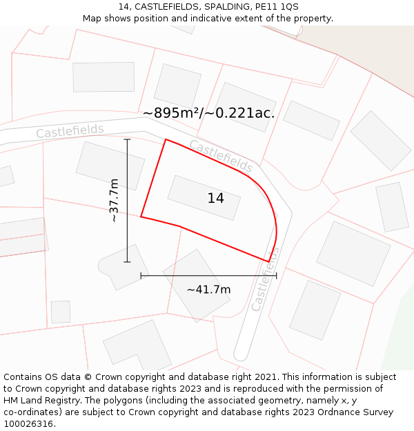 14, CASTLEFIELDS, SPALDING, PE11 1QS: Plot and title map