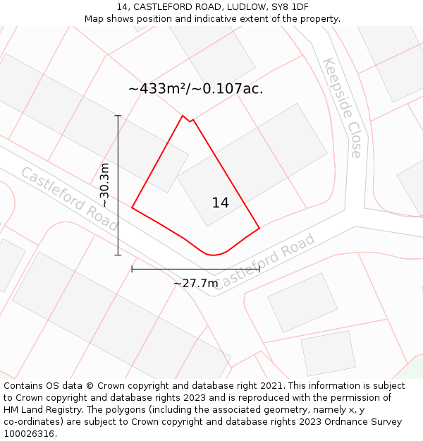 14, CASTLEFORD ROAD, LUDLOW, SY8 1DF: Plot and title map