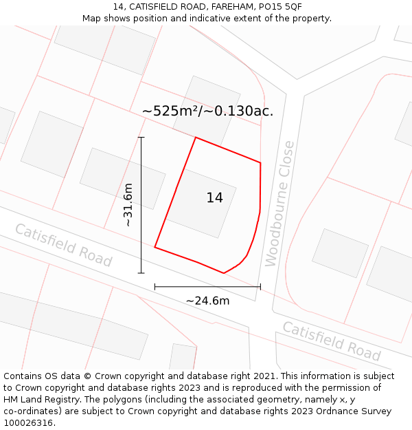 14, CATISFIELD ROAD, FAREHAM, PO15 5QF: Plot and title map