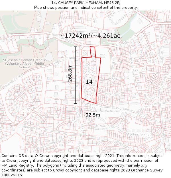 14, CAUSEY PARK, HEXHAM, NE46 2BJ: Plot and title map
