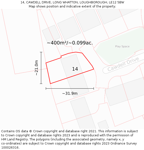 14, CAWDELL DRIVE, LONG WHATTON, LOUGHBOROUGH, LE12 5BW: Plot and title map