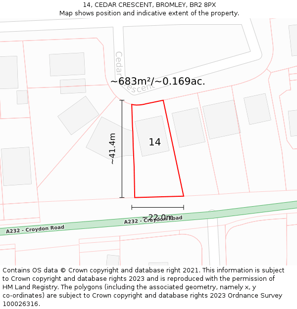 14, CEDAR CRESCENT, BROMLEY, BR2 8PX: Plot and title map