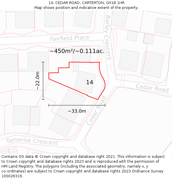 14, CEDAR ROAD, CARTERTON, OX18 1HR: Plot and title map