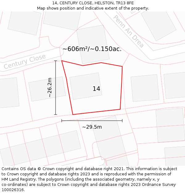 14, CENTURY CLOSE, HELSTON, TR13 8FE: Plot and title map