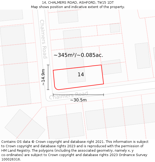 14, CHALMERS ROAD, ASHFORD, TW15 1DT: Plot and title map