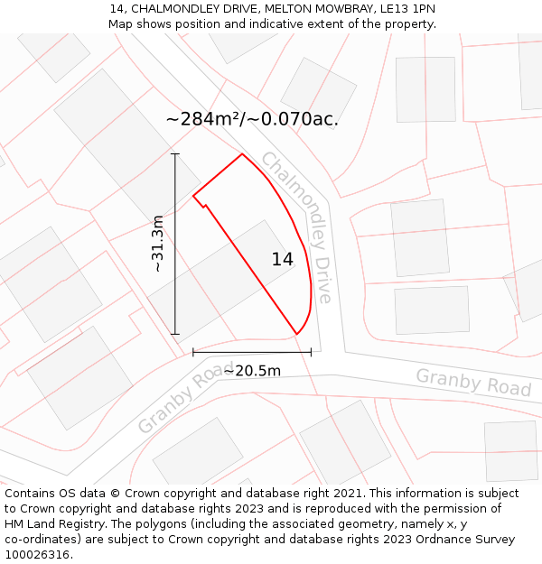 14, CHALMONDLEY DRIVE, MELTON MOWBRAY, LE13 1PN: Plot and title map