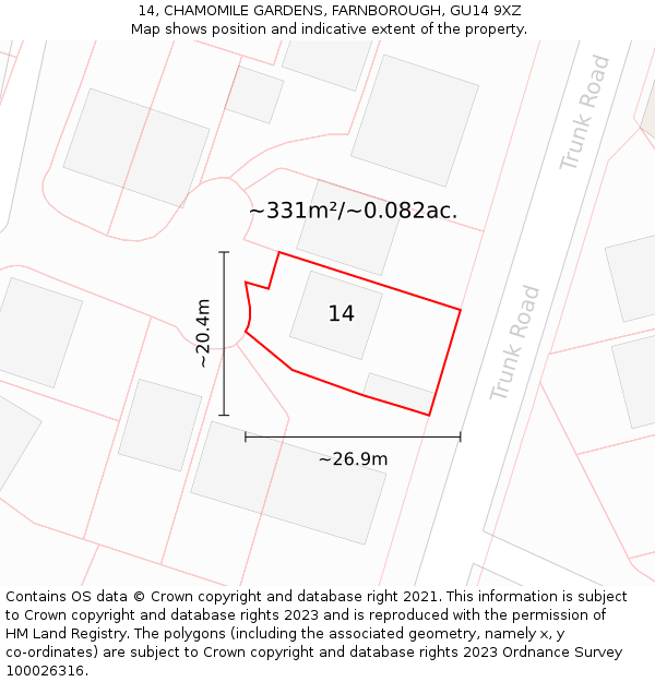 14, CHAMOMILE GARDENS, FARNBOROUGH, GU14 9XZ: Plot and title map