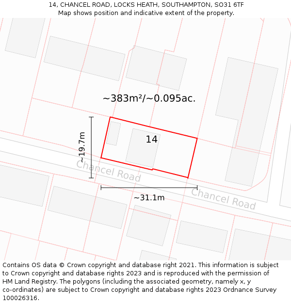 14, CHANCEL ROAD, LOCKS HEATH, SOUTHAMPTON, SO31 6TF: Plot and title map