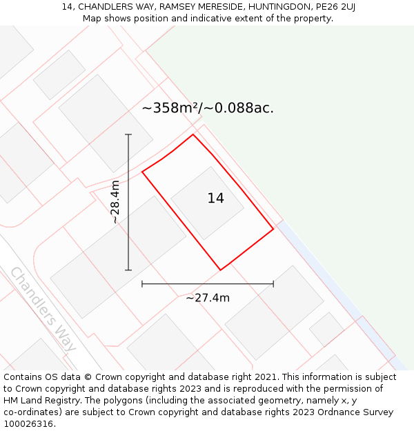 14, CHANDLERS WAY, RAMSEY MERESIDE, HUNTINGDON, PE26 2UJ: Plot and title map