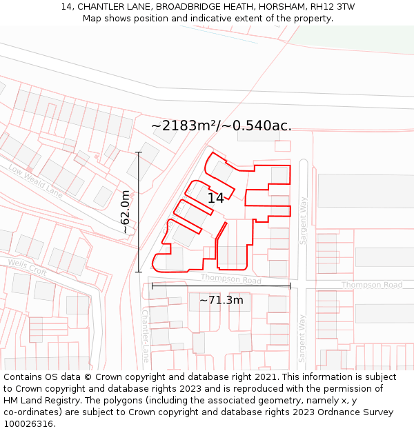 14, CHANTLER LANE, BROADBRIDGE HEATH, HORSHAM, RH12 3TW: Plot and title map