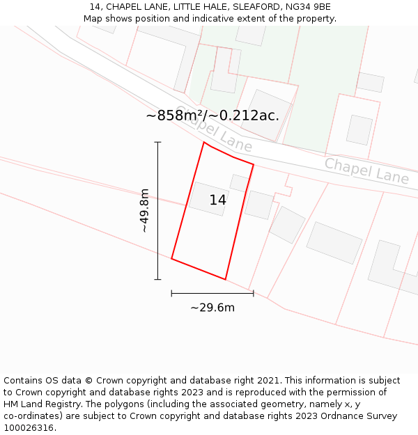 14, CHAPEL LANE, LITTLE HALE, SLEAFORD, NG34 9BE: Plot and title map