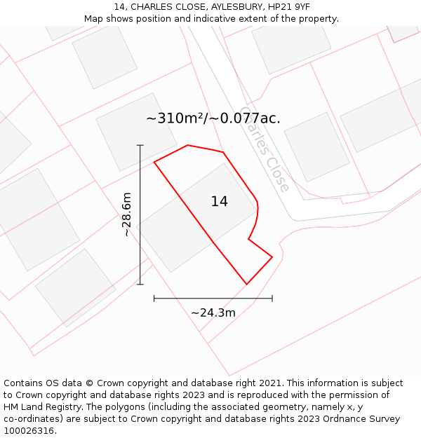 14, CHARLES CLOSE, AYLESBURY, HP21 9YF: Plot and title map