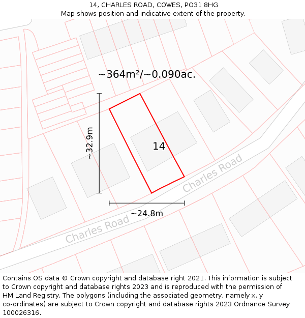 14, CHARLES ROAD, COWES, PO31 8HG: Plot and title map