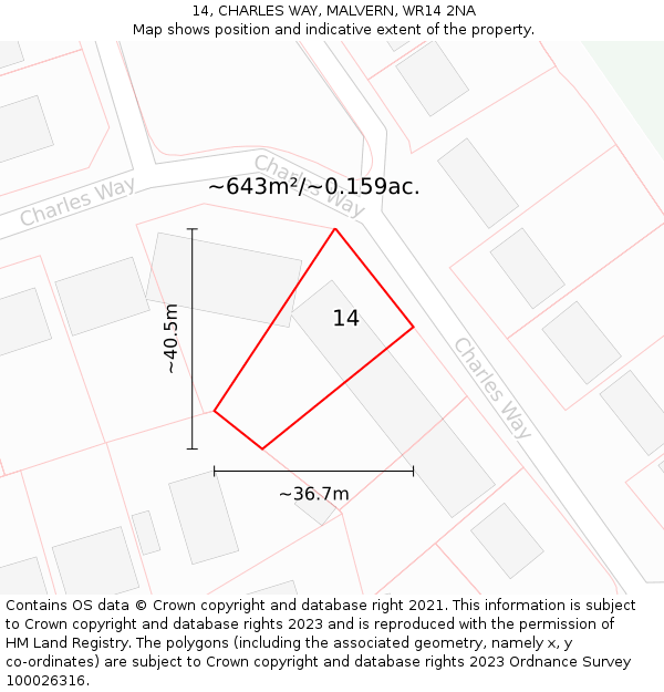 14, CHARLES WAY, MALVERN, WR14 2NA: Plot and title map