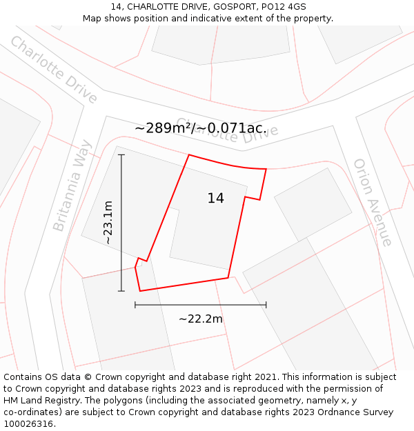 14, CHARLOTTE DRIVE, GOSPORT, PO12 4GS: Plot and title map