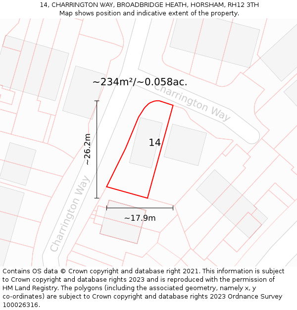 14, CHARRINGTON WAY, BROADBRIDGE HEATH, HORSHAM, RH12 3TH: Plot and title map